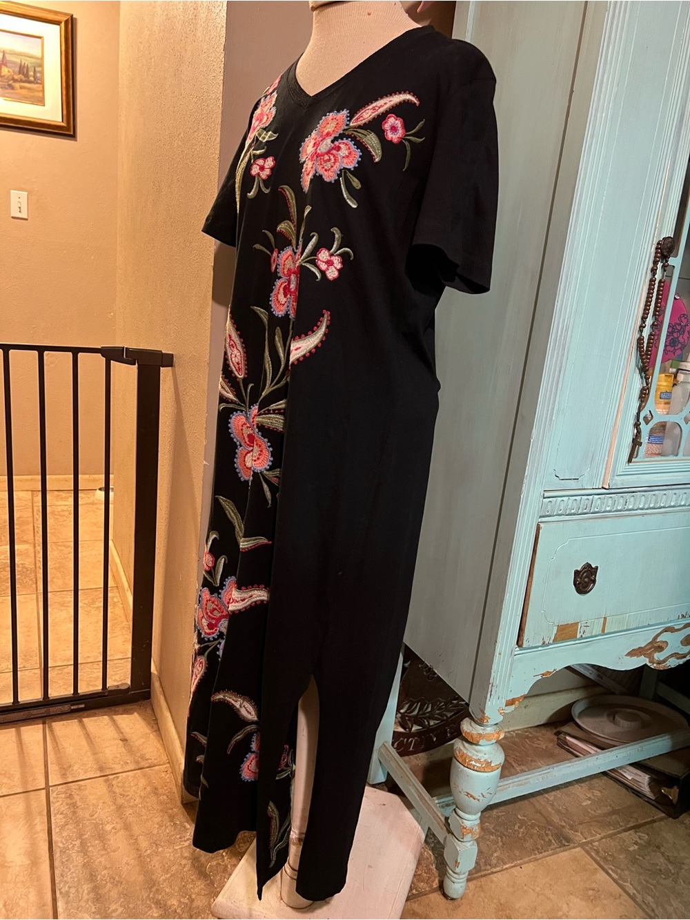 Johnny Was Libbi Trapunto Embroidered Midi T-Shirt Cotton Dress Black Sz Medium - Picture 6 of 11